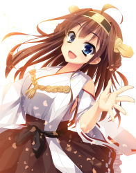 Rule 34 | 10s, 1girl, :d, bad id, bad pixiv id, bare shoulders, blouse, blue eyes, breasts, brown hair, detached sleeves, double bun, hair bun, hair ornament, hairband, headgear, highres, japanese clothes, kantai collection, kongou (kancolle), long hair, long sleeves, looking at viewer, nontraditional miko, open mouth, petals, revision, ribbon-trimmed sleeves, ribbon trim, round teeth, shirt, simple background, skirt, smile, solo, suidou (kyupirapper), teeth, white background