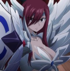 Rule 34 | 1girl, breasts, cleavage, collarbone, erza scarlet, eyes visible through hair, fairy tail, hair between eyes, large breasts, long hair, red hair, screencap, solo, source request, tagme