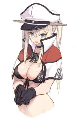 Rule 34 | 1girl, black bra, black gloves, blonde hair, blue eyes, bra, breasts, capelet, cropped torso, gloves, goekawa, graf zeppelin (kancolle), hair between eyes, hat, highres, kantai collection, large breasts, long hair, navel, open mouth, peaked cap, sidelocks, simple background, solo, twintails, underwear, white background