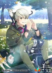 Rule 34 | 1boy, animal, animal on back, arm belt, ayto, bad id, bad pixiv id, blue eyes, blush, bug, butterfly, cat, copyright name, day, green eyes, green jacket, headphones, headphones around neck, heterochromia, bug, jacket, looking at viewer, male focus, official art, outdoors, parted lips, pin, qurare magic library, shoes, smile, sneakers, solo, steepled fingers, sunlight, tented fingers, tree, watch, white hair