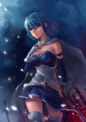 Rule 34 | 10s, 1girl, bare shoulders, belt, blue eyes, blue hair, boots, cape, elbow gloves, gloves, hand on own chest, magical girl, mahou shoujo madoka magica, mahou shoujo madoka magica (anime), matching hair/eyes, miki sayaka, nightmaremk2, pleated skirt, short hair, skirt, solo, sword, tears, thigh boots, thighhighs, weapon, zettai ryouiki