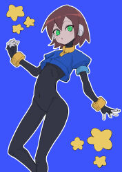 Rule 34 | 1girl, absurdres, aile (mega man zx), black bodysuit, blue background, blue jacket, bodysuit, brown hair, buzzlyears, covered navel, cropped jacket, green eyes, highres, jacket, mega man (series), mega man zx, no pants, robot ears, short hair, simple background, solo, star (symbol)