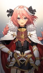 Rule 34 | 1boy, astolfo (fate), bad id, bad pixiv id, black ribbon, braid, cape, fang, fate/apocrypha, fate (series), fur trim, gambe, gradient background, hair ribbon, hand on own hip, highres, long hair, looking at viewer, male focus, open mouth, pink hair, purple eyes, ribbon, single braid, smile, solo, trap