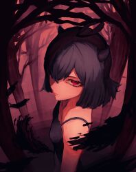 Rule 34 | 1girl, absurdres, antenna hair, bare shoulders, black clover, black dress, black feathers, black hair, breasts, closed mouth, dress, feathers, forest, highres, horns, looking at viewer, nature, oranumu, red eyes, secre swallowtail, short hair, small breasts, solo