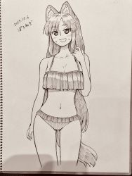 Rule 34 | 1girl, :d, animal ear fluff, animal ears, bare arms, bare shoulders, bikini, blush, breasts, cleavage, dated, embarrassed, hand up, head tilt, highres, imaizumi kagerou, long hair, looking at viewer, navel, open mouth, photo (medium), poronegi, smile, solo, sweatdrop, swimsuit, tail, touhou, traditional media, very long hair, wolf ears, wolf tail