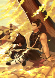 Rule 34 | 1boy, absurdres, autumn leaves, baimeme, bara, bead bracelet, beads, beard, beard stubble, black hair, bracelet, dog, dungeon and fighter, facial hair, full body, goatee, high ponytail, highres, jewelry, looking ahead, male focus, male priest (dungeon and fighter), mature male, monk (dungeon and fighter), muscular, muscular male, pectorals, petting, priest (dungeon and fighter), rooftop, shirt, short hair, sitting, sleeveless, sleeveless shirt, smile, solo, stubble, thick eyebrows, wind