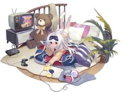 Rule 34 | 1girl, ahoge, azur lane, barefoot, controller, game controller, hair between eyes, highres, huoyi (zzh100200), indoors, looking at viewer, lying, manjuu (azur lane), mask, mask on head, official alternate costume, official art, on stomach, pillow, red eyes, sleep mask, stremitelny (azur lane), stremitelny (no snow no life) (azur lane), stuffed animal, stuffed toy, sweater, teddy bear, television, tongue, tongue out, transparent background, white hair