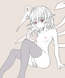 Rule 34 | 1girl, asymmetrical wings, black thighhighs, houjuu nue, naegi (naegidokoro), open mouth, pointy ears, red eyes, simple background, solo, spot color, thighhighs, touhou, wings