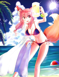 Rule 34 | 10s, 1girl, absurdres, animal ears, bad id, bad pixiv id, ball, beach, bikini, blue bikini, breasts, cleavage, collarbone, day, fang, fate/extra, fate/grand order, fate (series), fox ears, fox tail, highres, large breasts, long hair, looking at viewer, navel, ocean, open mouth, outdoors, palm tree, pink hair, solo, sun, swimsuit, tail, tamamo (fate), tamamo no mae (fate/extra), tamamo no mae (swimsuit lancer) (fate), tree, water, yellow eyes