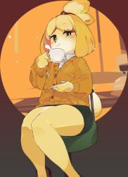 Rule 34 | 1girl, animal crossing, animal ears, bell, blonde hair, blush, blush stickers, body fur, bright pupils, brown eyes, brown footwear, cardigan, closed mouth, coffee maker, collared shirt, cup, dog ears, dog girl, dog tail, drink, female focus, flat chest, flower, furry, furry female, green skirt, hair bell, hair ornament, hair tie, half-closed eyes, hands up, happy, highres, holding, holding cup, holding saucer, idkuroi, isabelle (animal crossing), jingle bell, jpeg artifacts, knees together feet apart, legs, long sleeves, looking at viewer, miniskirt, nintendo, on stool, orange background, orange cardigan, pencil skirt, saucer, shirt, shoes, short hair, sitting, skirt, smile, solo, steam, stool, tail, teacup, topknot, white flower, white fur, white pupils, white shirt, yellow fur