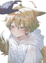 Rule 34 | 1boy, 1other, animal ears, black gloves, blonde hair, blush, closed mouth, coat, dante (limbus company), devy lobotomy, e.g.o (project moon), fox boy, fox ears, fox tail, gloves, highres, hood, hood down, hooded coat, limbus company, long sleeves, out of frame, pocket, project moon, simple background, sinclair (project moon), tail, white background, white coat, white raincoat, yellow eyes