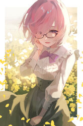 Rule 34 | 1girl, alternate costume, black-framed eyewear, bow, bowtie, buttons, commentary request, fate/grand order, fate (series), field, floating hair, flower, flower field, fomnant, glasses, grey skirt, hair over one eye, high-waist skirt, highres, jewelry, light purple hair, long sleeves, looking at viewer, mash kyrielight, open mouth, petals, purple bow, purple bowtie, purple eyes, shirt, short hair, signature, skirt, smile, solo, white shirt, yellow flower