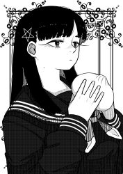 Rule 34 | 1girl, absurdres, baozi, blunt bangs, border, closed mouth, commentary request, expressionless, food, framed, from side, greyscale, hair behind ear, hair ornament, hair over shoulder, hands up, highres, holding, holding food, kurosuzu mio, long eyelashes, long hair, long sleeves, looking ahead, mole, mole on neck, monochrome, neckerchief, ornate border, outside border, overjav, paranormasight: the seven mysteries of honjo, pentagram, school uniform, screentones, serafuku, solo, star (symbol), star hair ornament