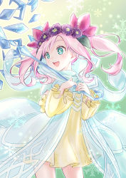 Rule 34 | 1girl, :d, chomose, detached sleeves, dress, duel monster, floating hair, flower, green eyes, hair flower, hair ornament, head wreath, holding, long hair, long sleeves, looking to the side, open mouth, pink hair, purple flower, rikka queen strenna, short dress, smile, solo, standing, twintails, yellow dress, yellow sleeves, yu-gi-oh!