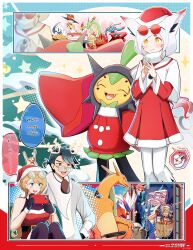 2boys 2girls absol absurdres aged_up arven_(pokemon) ash_ketchum black_hair blonde_hair bright_pupils charizard christmas closed_mouth commentary creatures_(company) delphox dress english_text flutter_mane food game_freak gen_1_pokemon gen_3_pokemon gen_4_pokemon gen_6_pokemon glasses greninja hands_up hat highres hisuian_zorua holding holding_phone hydrapple jacket jcstr koraidon mabosstiff multiple_boys multiple_girls nintendo ogerpon phone pikachu pokemon pokemon_(anime) pokemon_(creature) pokemon_sv pokemon_xy_(anime) red_dress red_hat rotom rotom_(other) round_eyewear santa_hat scarf serena_(pokemon) smile sparkle speech_bubble translation_request walking_wake white_jacket white_pupils white_scarf yellow_eyes