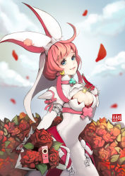 Rule 34 | 1girl, ahoge, between breasts, blue eyes, bouquet, breasts, bullet, cleavage, concealed weapon, dress, earrings, elphelt valentine, female focus, fingernails over gloves, flower, gloves, guilty gear, guilty gear xrd, hat, jewelry, large breasts, lips, petals, pink hair, red gloves, rose, short hair, smile, solo, sosoa, veil, white dress