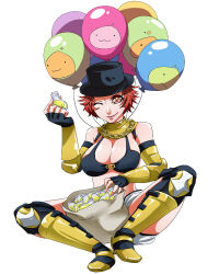 Rule 34 | 1girl, armor, armored boots, balloon, bikini, bikini top only, black bikini, black gloves, black hat, black thighhighs, boots, breasts, chain necklace, cleavage, closed mouth, commentary request, elbow gloves, fingerless gloves, flowery peko, full body, gauntlets, gloves, gold armor, hat, jewelry, jumpsuit, jumpsuit around waist, large breasts, leg armor, lips, looking at viewer, mechanic (ragnarok online), necklace, one eye closed, poring, potion, ragnarok online, red eyes, red hair, sack, simple background, sitting, smile, solo, star (symbol), star in eye, swimsuit, symbol in eye, thighhighs, top hat, white background, white jumpsuit