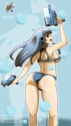 Rule 34 | 1girl, ass, bikini, blastoise, blue background, blue bikini, blue hair, breasts, brown bikini, character name, commentary, creatures (company), english commentary, finger on trigger, game freak, gen 1 pokemon, highres, holding, holding weapon, huge ass, kneepits, legs, long hair, looking at viewer, nintendo, oni-dessin, open mouth, personification, pokemon, simple background, smile, swimsuit, thighs, two-tone bikini, underboob, water gun, weapon