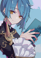 Rule 34 | 1boy, absurdres, black jacket, blue hair, book, chinese clothes, closed mouth, earrings, frilled sleeves, frills, genshin impact, highres, huge filesize, jacket, jewelry, lixian, long sleeves, looking at viewer, male focus, multiple boys, short hair, simple background, single earring, smile, solo, trap, xingqiu (genshin impact), yellow eyes