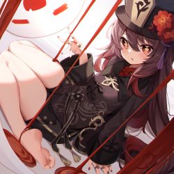 Rule 34 | 1girl, :o, arm support, barefoot, black hat, black shorts, blood, brown hair, chinese clothes, commentary, flower, flower-shaped pupils, genshin impact, hair between eyes, hat, highres, hu tao (genshin impact), jewelry, long hair, long sleeves, looking at viewer, nahaki, nail polish, open mouth, red eyes, red flower, red nails, ring, shirt, short shorts, shorts, simple background, sitting, soles, solo, symbol-only commentary, symbol-shaped pupils, very long hair, wariza, wide sleeves