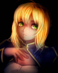 Rule 34 | 1girl, ahoge, artoria pendragon (fate), black background, blonde hair, blue dress, buttons, center opening, commentary, dark, dress, english commentary, fate/stay night, fate (series), fixelcat, green eyes, hair between eyes, hand on own chest, hand up, high collar, long sleeves, looking to the side, medium hair, parted lips, saber (fate), sidelocks, simple background, solo, teeth, upper body