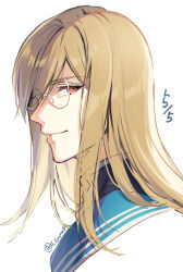 Rule 34 | 1boy, closed mouth, commentary, dated, from side, glasses, hair over one eye, high collar, highres, jade curtiss, light brown hair, long hair, looking at viewer, male focus, portrait, red eyes, shuragyoku mami, sidelocks, smile, solo, swept bangs, tales of (series), tales of the abyss, twitter username, upper body, white background