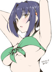 Rule 34 | 1girl, alternate costume, armpits, arms behind head, arms up, artist name, bikini, breasts, cleavage, commentary request, dated, flat color, front-tie bikini top, front-tie top, green bikini, hair intakes, hair ornament, highres, kantai collection, looking at viewer, medium breasts, parted lips, short hair, simple background, solo, swimsuit, taira yuuki, tenryuu (kancolle), underboob, upper body, white background, yellow eyes