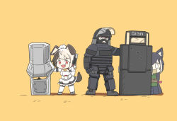 Rule 34 | 1boy, 2girls, animal ears, balaclava, ballistic shield, bell, blonde hair, bound, brown hair, bulletproof vest, chibi, collar, dog ears, dog girl, dog tail, dress, elbow gloves, fang, full body, gagged, gilles toure, gloves, gun, hachiko of castling, handgun, helmet, highres, hostage, karyl (princess connect!), last origin, looking at viewer, maid headdress, montagne (rainbow six siege), multicolored hair, multiple girls, neck bell, open mouth, pistol, princess connect!, rainbow six siege, riot shield, rope, shield, simple background, smile, tactical clothes, tail, thighhighs, tied up (nonsexual), tungtunggugu, two-tone hair, weapon, white gloves, white legwear, yellow background