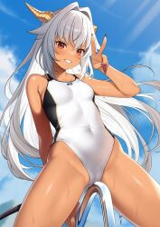 Rule 34 | 1girl, absurdres, blue sky, breasts, cloud, collarbone, commentary request, competition swimsuit, covered navel, dark-skinned female, dark skin, dragon girl, dragon horns, enjo kouhai, fingernails, grey hair, grin, hair between eyes, hair intakes, highres, horns, long hair, looking at viewer, one-piece swimsuit, red eyes, red nails, sharp fingernails, sky, small breasts, smile, solo, sweat, swimsuit, takunomi, two-tone one-piece swimsuit, ursula (takunomi), v, wet