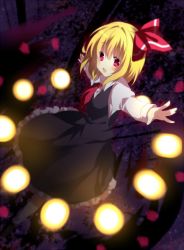 Rule 34 | 1girl, anime coloring, ascot, blonde hair, danmaku, darkness, female focus, fujishiro emyu, hair ribbon, long sleeves, looking at viewer, open mouth, outstretched arms, red eyes, ribbon, rumia, shirt, short sleeves, skirt, skirt set, smile, solo, touhou, vest