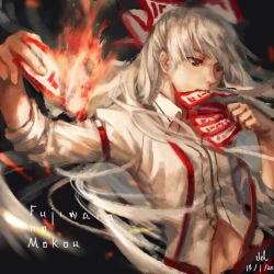 Rule 34 | 1girl, bad id, bad pixiv id, bow, fancybetty, fire, fujiwara no mokou, hair bow, juliet sleeves, long hair, long sleeves, mouth hold, puffy sleeves, red eyes, shirt, silver hair, solo, spell card, suspenders, touhou, upper body, very long hair