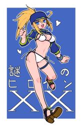 Rule 34 | 1girl, ahoge, artoria pendragon (fate), baseball cap, bikini, blonde hair, blue eyes, blue hat, blue jacket, blush, breasts, cleavage, cropped jacket, fate/grand order, fate (series), full body, hacco mayu, hair through headwear, hat, highres, jacket, large breasts, legs, long hair, long sleeves, looking at viewer, mysterious heroine x (fate), mysterious heroine xx (fate), navel, open mouth, ponytail, sandals, shrug (clothing), sidelocks, smile, solo, swimsuit, toenails, toes, translation request, white bikini, wristband
