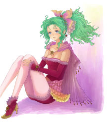 Rule 34 | 1990s (style), 1girl, bare shoulders, blue eyes, bow, breasts, cape, cleavage, detached sleeves, dress, earrings, final fantasy, final fantasy vi, flat chest, green hair, hair ornament, jewelry, long hair, necklace, pantyhose, pink bow, ponytail, solo, tina branford
