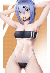 Rule 34 | 1girl, absurdres, armpits, arms behind head, blue eyes, blue hair, breasts, cleavage, covered navel, eyeliner, gris swimsuit, hair ornament, hairpin, highres, looking at viewer, makeup, medium breasts, meme attire, mouth hold, navel, original, ponytail, saki (the atko), solo, swimsuit