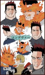 Rule 34 | 2boys, angry, armor, bad id, bad twitter id, beard, blonde hair, blue bodysuit, blue eyes, bodysuit, boku no hero academia, collage, collar grab, endeavor (boku no hero academia), expressions, facial hair, feathered wings, fingerless gloves, fire, gloves, grey shirt, hawks (boku no hero academia), highres, jo tuesday19, large pectorals, male focus, mature male, multiple boys, multiple views, muscular, muscular male, pauldrons, pectorals, pout, red hair, red wings, scar, scar across eye, scar on face, shirt, short hair, shoulder armor, sideburns, smile, spiked hair, stubble, translation request, wings