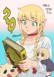 Rule 34 | 1girl, blonde hair, blue background, book, braid, braided sidelock, bright pupils, character doll, choker, closed mouth, dated, dog, dungeon meshi, elf, gradient background, green eyes, grimoire, highres, holding, holding book, long hair, looking at object, marcille donato, official art, pink background, pointy ears, red choker, shirt, stuffed toy, tamura eimi, twin braids, twitter username, white pupils, white shirt