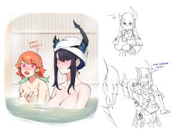 Rule 34 | 1boy, 3girls, airani iofifteen, airani iofifteen (3rd costume), asymmetrical horns, bath, bathing, black hair, blue hair, blush, breasts, brother and sister, censored gesture, colored inner hair, dasdokter, demon horns, highres, hololive, hololive english, hololive indonesia, horns, malphis ii ravencroft, middle finger, mole, mole under eye, multicolored hair, multiple girls, naked towel, nerissa ravencroft, nude, onsen, partially submerged, same-sex bathing, shared bathing, siblings, takanashi kiara, towel, towel on head, two-tone hair, virtual youtuber