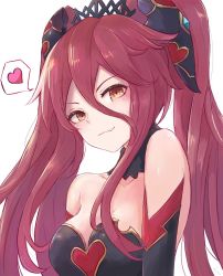 Rule 34 | 1girl, artist name, bare shoulders, black gloves, blue background, blush, breasts, cleavage, closed mouth, detached sleeves, dragalia lost, fang, fur trim, gloves, heart, large breasts, leonmandala, long hair, looking at viewer, mym (dragalia lost), orange eyes, red hair, simple background, smile, solo, spoken heart, upper body, very long hair, white background