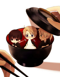 Rule 34 | 3boys, america (hetalia), arm up, axis powers hetalia, bad id, bad pixiv id, biting, blonde hair, blue eyes, bowl, brown eyes, brown hair, chopsticks, glasses, gloom (expression), in bowl, in container, japan (hetalia), japanese clothes, kimono, male focus, mini person, miniboy, mouth hold, multiple boys, nanasekayu, nervous, open mouth, shadow, simple background, sweatdrop, united kingdom (hetalia)