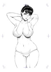 Rule 34 | 1girl, 774ex, bikini, breasts, cleavage, curvy, glasses, greyscale, groin, large breasts, mature female, monochrome, original, plump, short hair, solo, swimsuit, thighs, wide hips