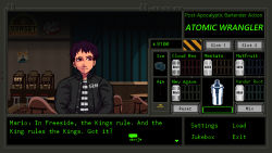 Rule 34 | 1boy, brown eyes, brown hair, english text, fake screenshot, fallout (series), fallout: new vegas, highres, jacket, leather, leather jacket, looking to the side, mario (va-11 hall-a), marpaparp, pixel art, shirt, slot machine, striped clothes, striped shirt, va-11 hall-a