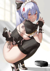 Rule 34 | 1girl, alternate costume, bikini, black bikini, black bow, black gloves, black skirt, black thighhighs, bow, breasts, dress, enmaided, fate/grand order, fate (series), fingerless gloves, frills, gloves, grin, hair between eyes, hair bow, high heels, highleg, highleg bikini, highres, large breasts, layered skirt, long hair, looking at viewer, maid, maid bikini, maid headdress, ponytail, puffy short sleeves, puffy sleeves, red eyes, robotic vacuum cleaner, short dress, short sleeves, shrug (clothing), silver hair, skindentation, skirt, smile, solo, squatting, swimsuit, thighhighs, thighs, tomoe gozen (fate), unconventional maid, uo denim, vacuum cleaner, white skirt