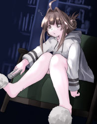 Rule 34 | 1girl, ahoge, alternate costume, alternate hairstyle, brown eyes, brown hair, chicken99, controller, couch, double bun, dress, grey dress, highres, hood, hooded dress, hoodie, kantai collection, kongou (kancolle), long hair, remote control, sitting, slippers, solo, sweater, sweater dress