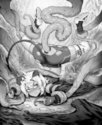 Rule 34 | absurdres, ahoge, angry, ass, gloves, greyscale, highres, horns, monochrome, original, rape, restrained, short hair, shorts, tentacles, torn clothes, torn legwear, torn shorts, zhizhuangjia