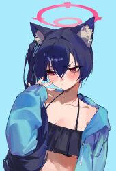 Rule 34 | 1girl, absurdres, animal ear fluff, animal ears, bikini, black bikini, black hair, blue archive, blue background, blue jacket, cat ears, hair between eyes, halo, hand up, highres, ikky, jacket, long hair, open clothes, open jacket, red eyes, red halo, serika (blue archive), serika (swimsuit) (blue archive), simple background, sleeves past wrists, solo, swimsuit, upper body