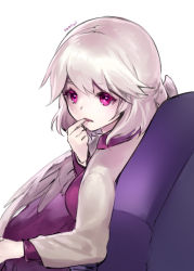 Rule 34 | 1girl, ainy, bad id, bad pixiv id, chair, dress, finger to mouth, jacket, kishin sagume, long sleeves, looking at viewer, looking back, open mouth, pink eyes, short hair, silver hair, simple background, single wing, sitting, solo, touhou, upper body, white background, wings
