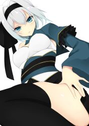 Rule 34 | 1girl, alternate costume, aqua eyes, black hairband, black thighhighs, breasts, commentary request, grey hair, hair intakes, hairband, konpaku youmu, large breasts, looking at viewer, open mouth, sash, shirt, short hair, simple background, solo, suiu shinotsuku, thighhighs, touhou, white background, white shirt