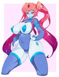 Rule 34 | 1girl, android, bad id, bad tumblr id, black sclera, breastless clothes, breasts, collar, colored sclera, cropped legs, hand on own hip, hand on thigh, highres, large breasts, leggings, long hair, multicolored hair, pasties, red eyes, slugbox, smile, solo, twintails, very long hair