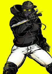 Rule 34 | 1boy, aikawa (dorohedoro), backwards hat, bara, black gloves, black hoodie, climaxmukr, dorohedoro, feet out of frame, fighting stance, gloves, glowing, glowing eyes, hat, hood, hoodie, male focus, mask, muscular, pants, pectorals, smile, solo, spread legs, thick thighs, thighs, tight clothes, tight pants, white pants, yellow background, yellow eyes