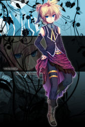 Rule 34 | 1boy, alternate costume, bad id, bad pixiv id, blonde hair, blue eyes, boots, chirota, cross-laced footwear, detached sleeves, hand on own hip, hip focus, kagamine len, male focus, romeo to cinderella (vocaloid), short hair, solo, vocaloid
